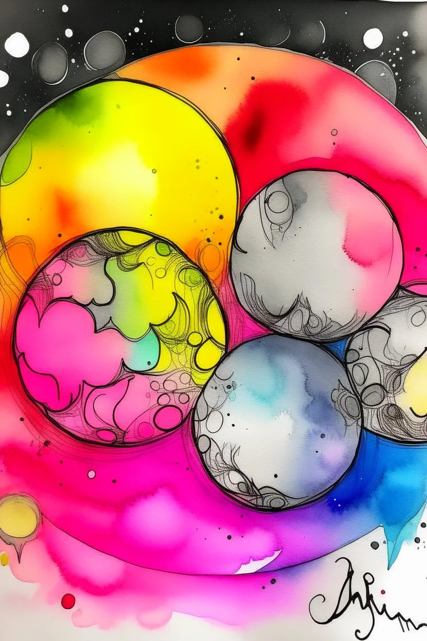 We all shine on like the moon and the stars and the sun; ink wash; neon metallic palette