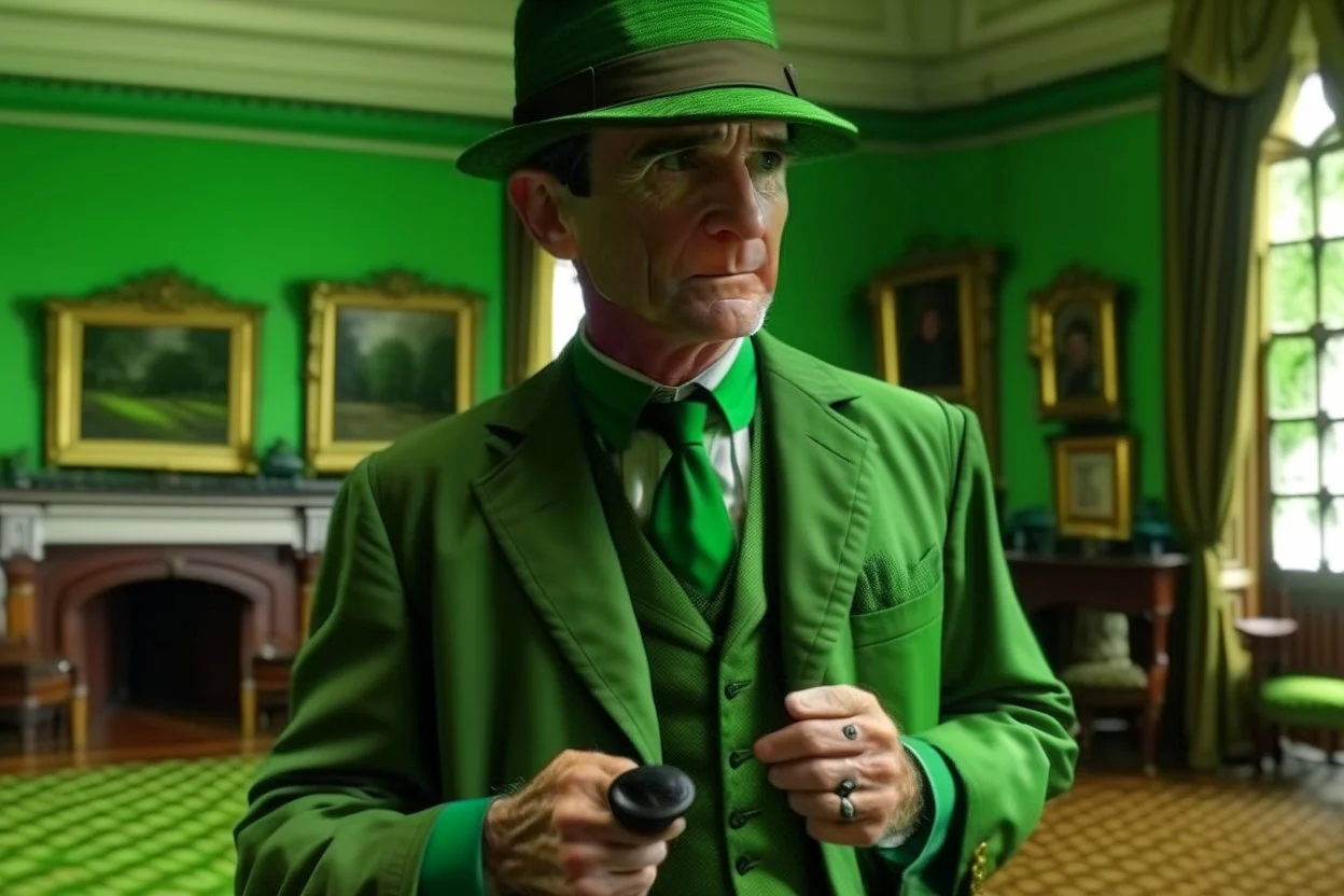 ww1 rich archeologist with green suit talking close-up standing up looking to the camera, inside mansion room background