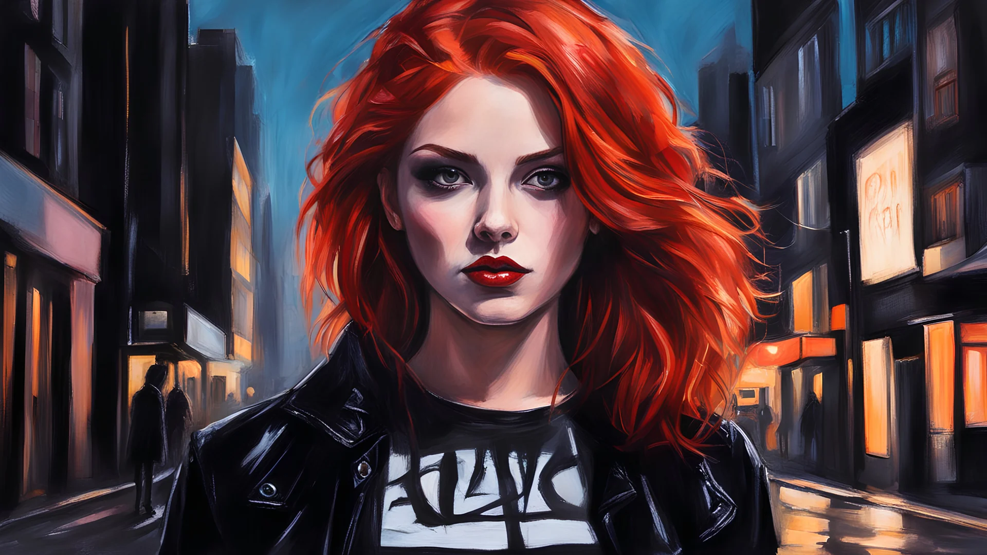 acrylic illustration, acrylic paint, oily sketch, Dark shot, city street, pastel goth, sexy goth girl, photo of cute 24 years old redhead woman, cinematic shot, hard shadows, photorealistic, cute face, looking at viewer