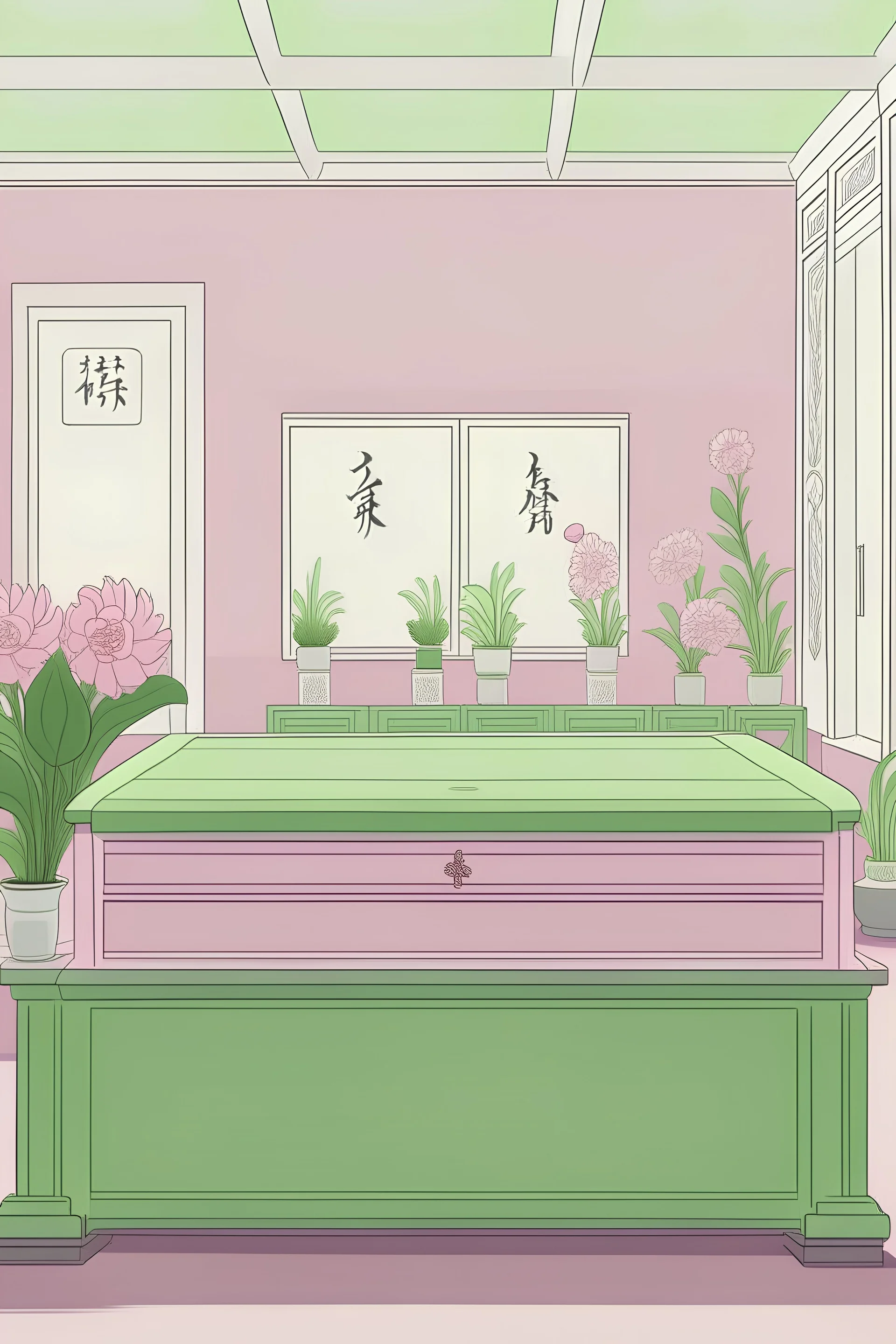 Please use soft Morandi colors such as pink, green, and purple to create a gentle environment in the hand drawn images of traditional Chinese funerals