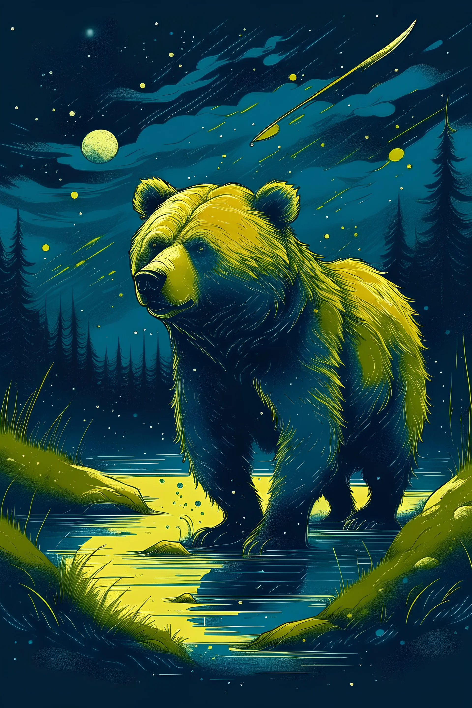 Un retrato al estilo de Vicent Van Gogh de un oso pescando en los bosques canadiense, bajo un cielo estrellado, con una atmósfera misteriosa, una paleta de colores frios, un contraste suave y una luz fuerte y difusa.