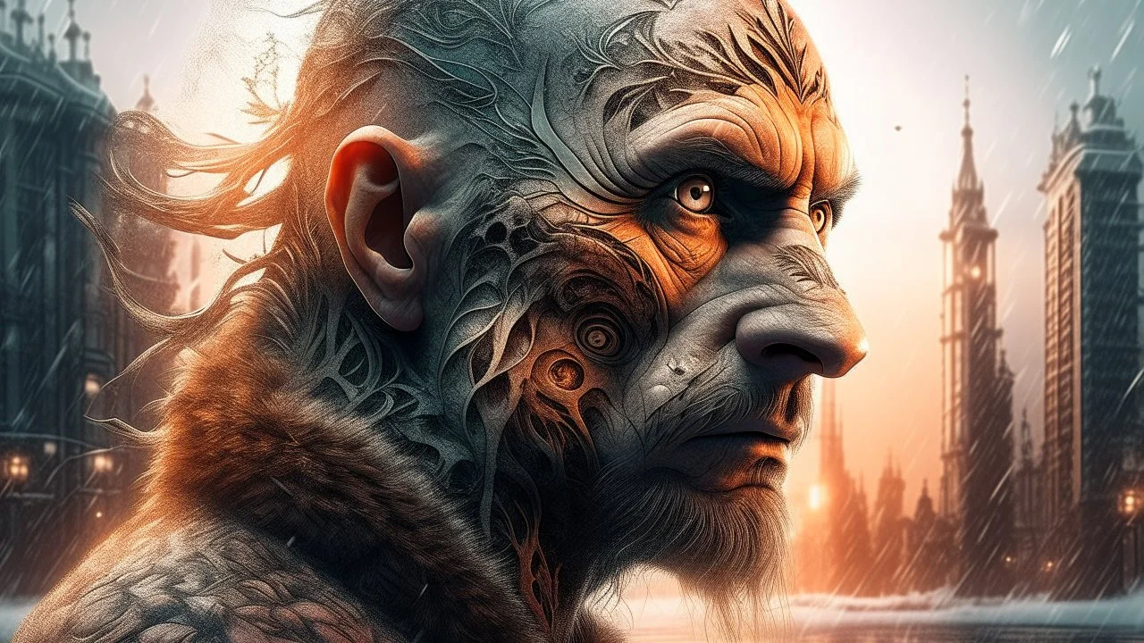 Double exposure, Wolfman, photorealism, man, city, sunset, snow, rain, fantasy, mystical, tattoo, vertical pupils, high detail, high resolution, 8K