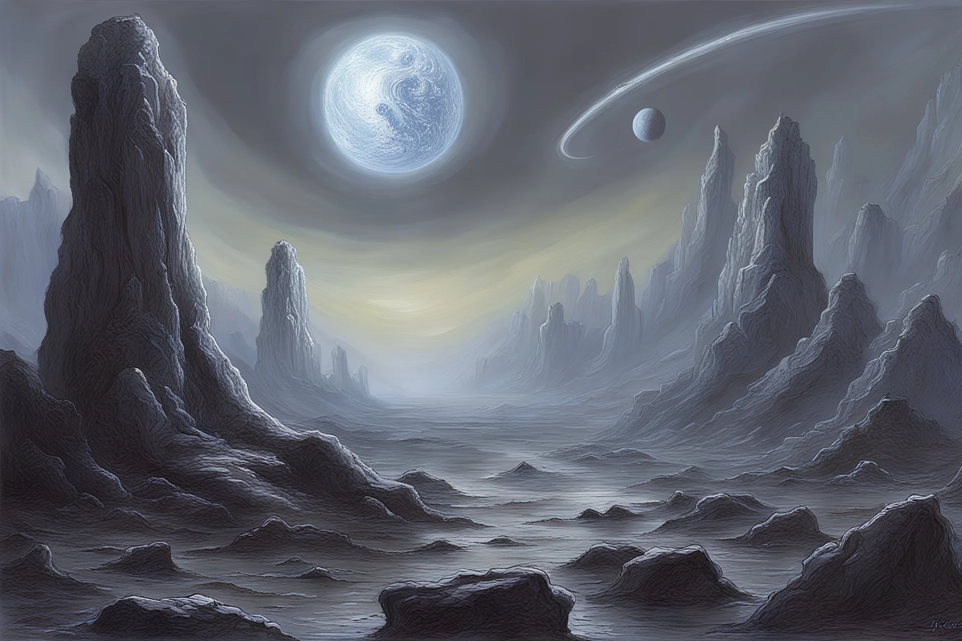 Fark grey alien sky, planet in the sky, rocks, sci-fi, mountains, ludwig dettman and rodolphe wytsman impressionism paintings