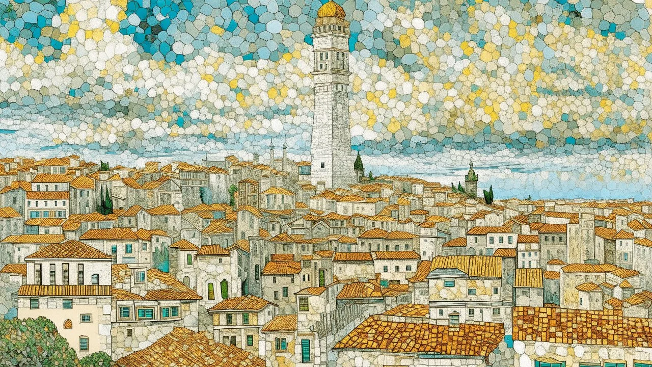 A white town with cloudy tower designed in ancient Greek mosaics painted by Vincent van Gogh