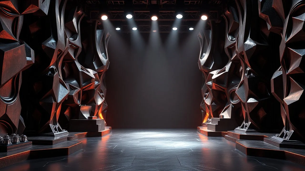 a 3d fractal stage structre made of metallic dark color 3d structures, pertty artistc background,dynamic lights