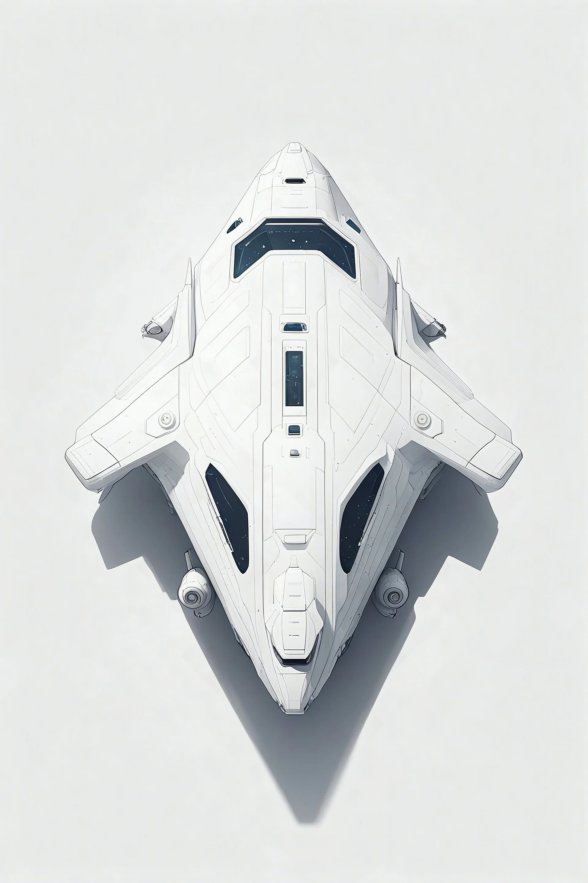 a minimalist white spaceship for a top-down view, 2D, video game, white background