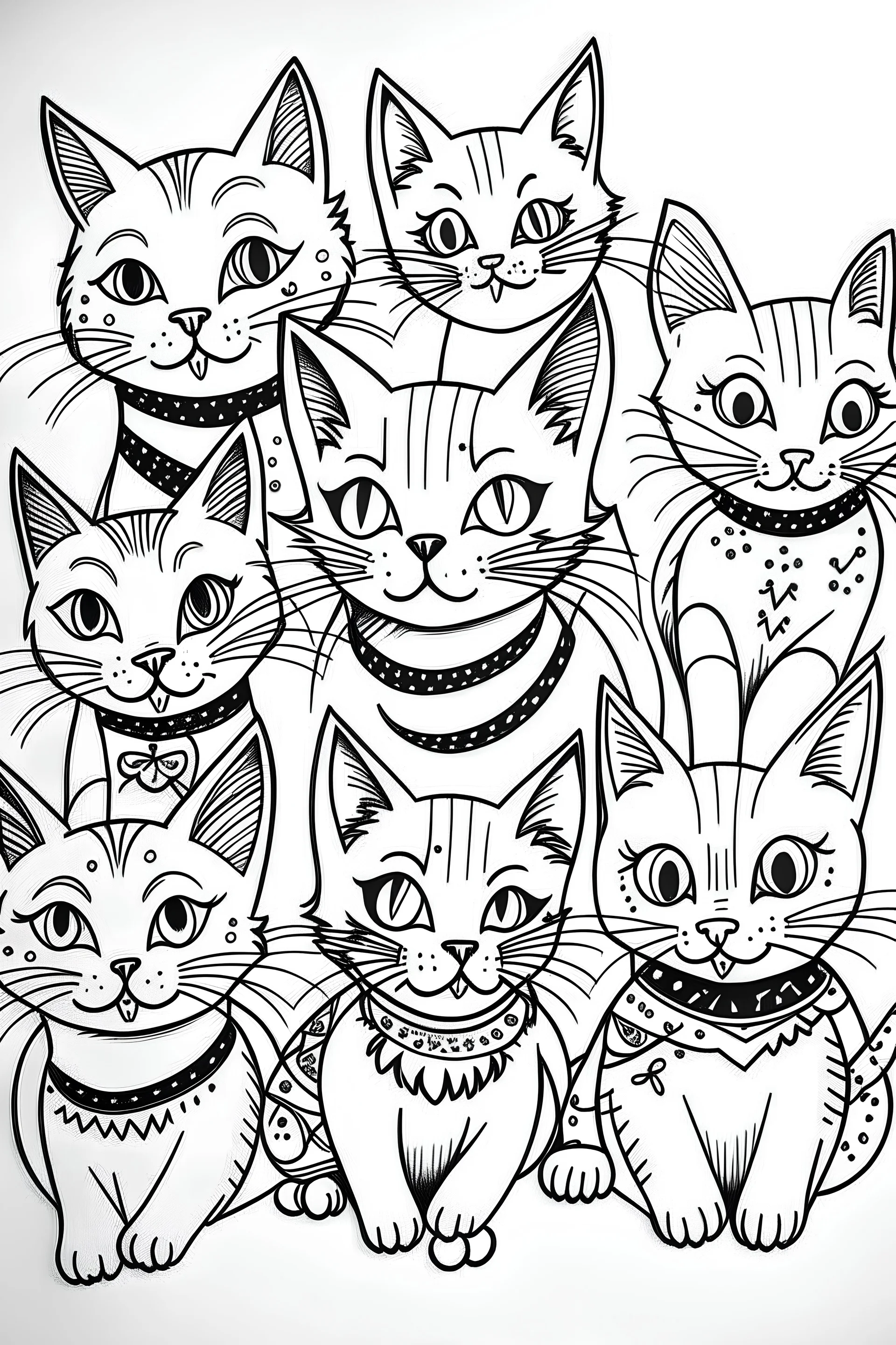 Draw a fine line cute flash tattoo of 10 line work cats