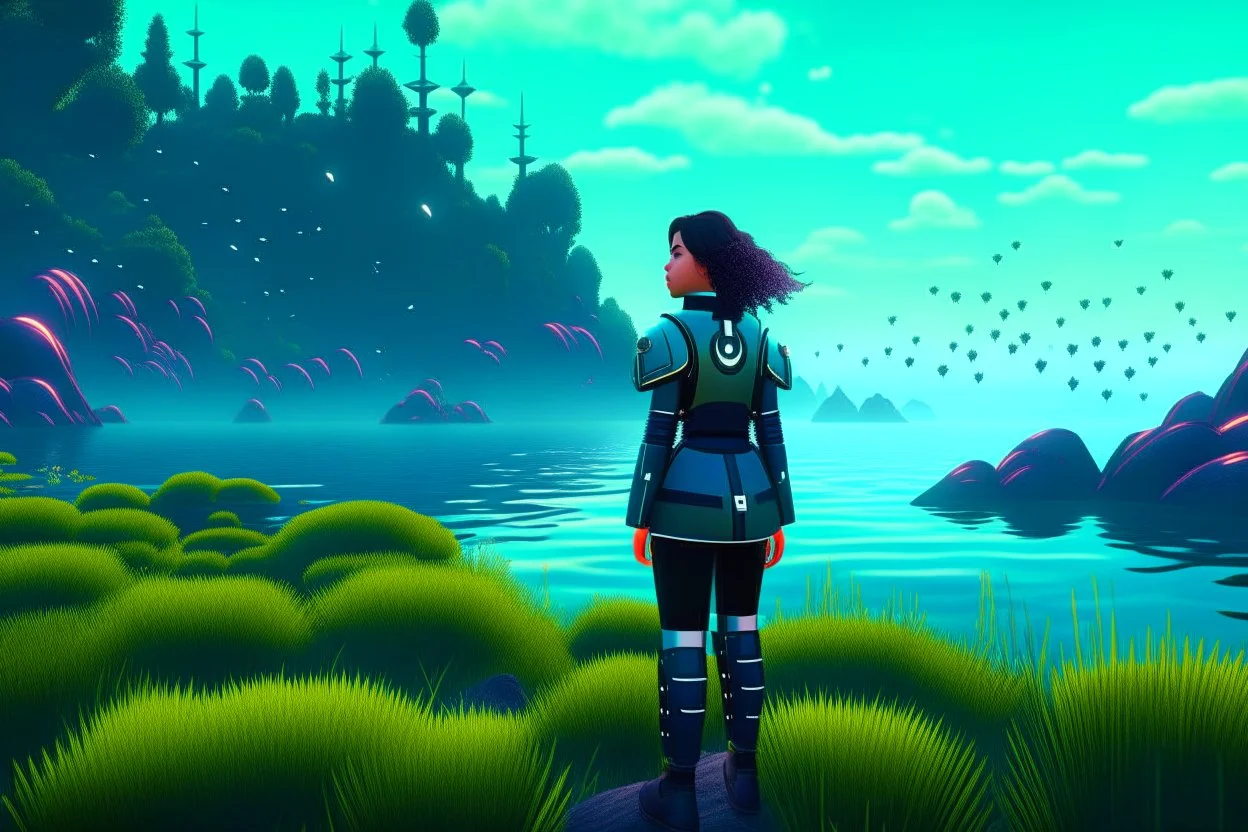 young woman in an android suit with dark hair, standing on the shore of an alien sea. Floating forests with dandelion tops in the distance