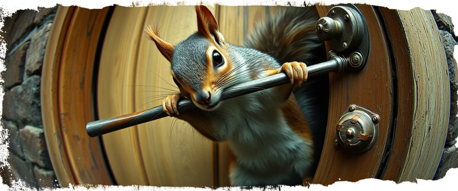 weird ass squirrel burglar breaking open a door with a crowbar , pinhole cam, airbrush 3d rendering, in the style of John Atkinson Grimshaw , torn edges on border