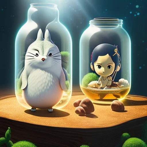 A studio ghibli characters in a jar floating, super high resolution, professional photograph, in focus, beautiful detail, professional digital art, stunning 4k, volumetric light, Award-winning photograph, photography