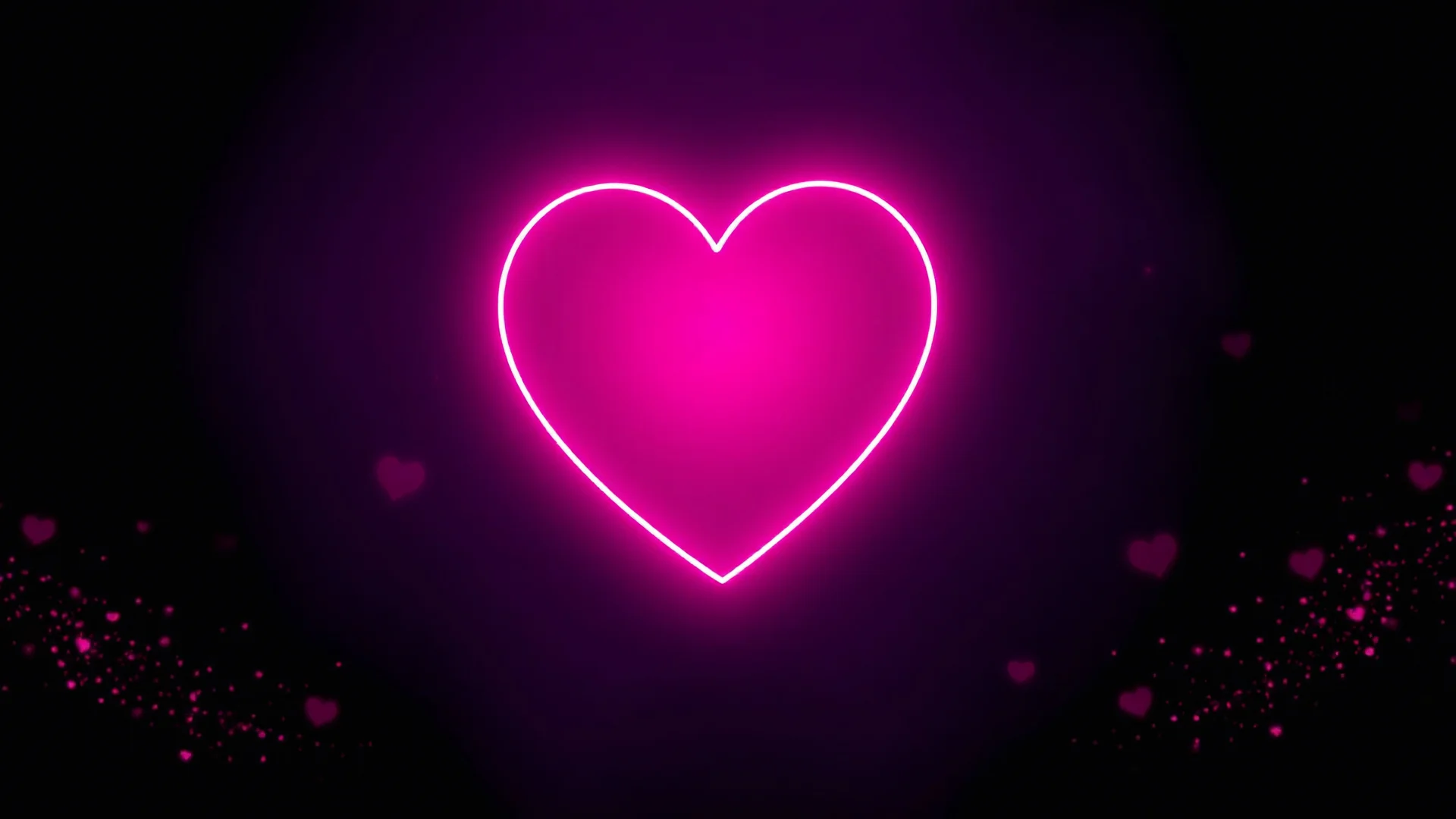 Romantic Valentine's Day backdrop with glowing pink neon heart and subtle sparkles floating on a dark violet background. High contrast design with a luxurious feel, professional, and space for text