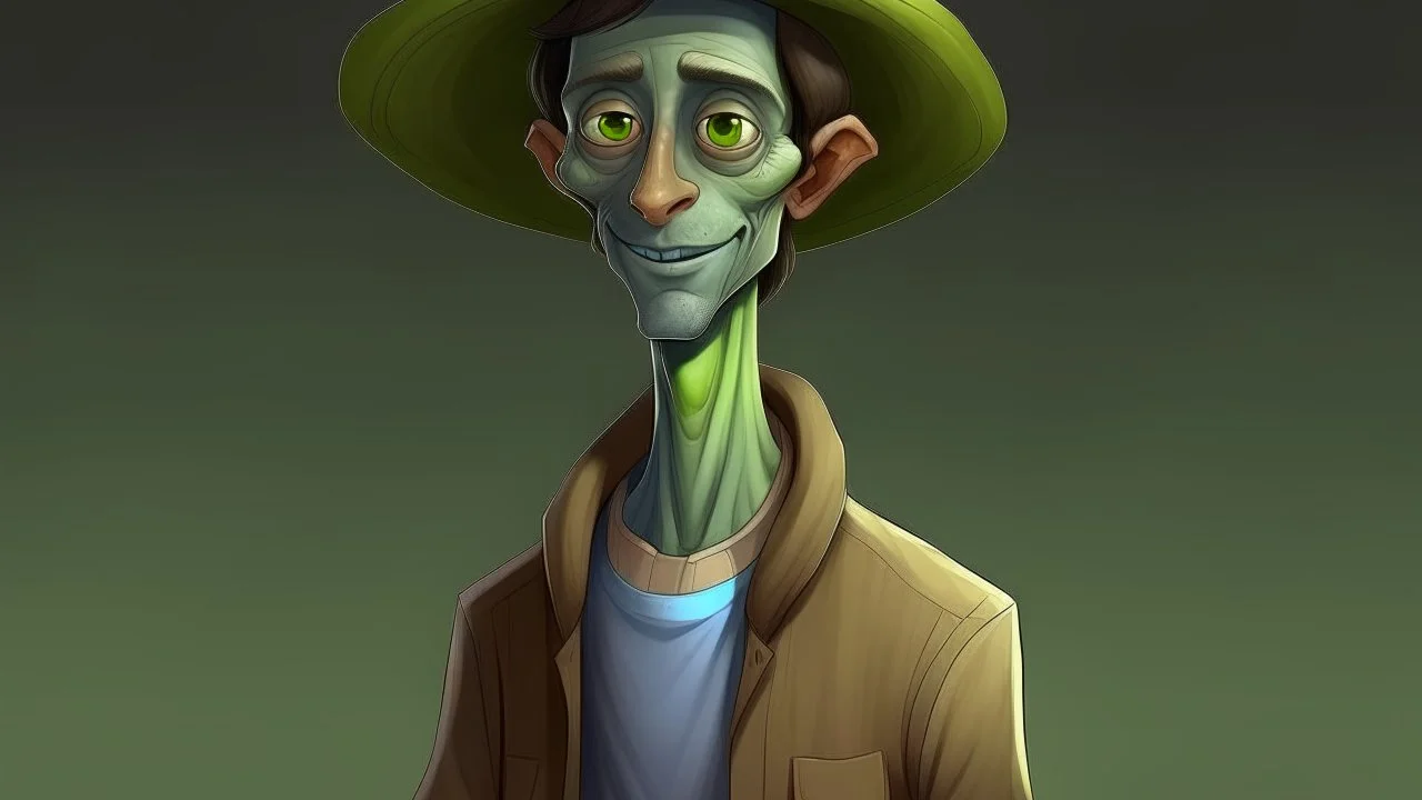 A friendly, human-looking alien. Male or non-gender wearing slightly odd clothes and a hat.