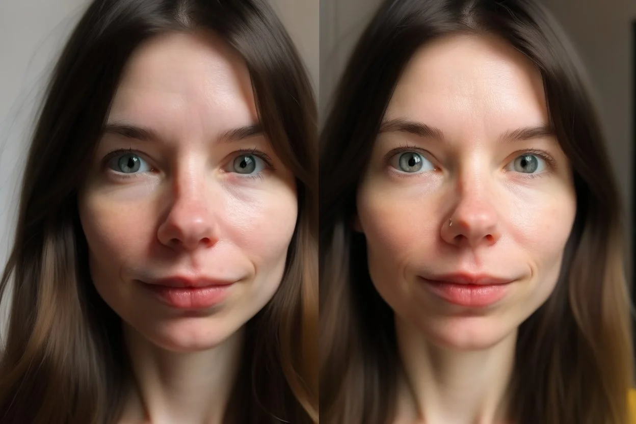 A selfie of a brunette woman, middle long hair, showing a 29-year-old European woman. She has brown hair, face without makeup, cute nose, detailed full lips, skin texture. Split screen and show the same face but without wrinkels and younger and more beautiful