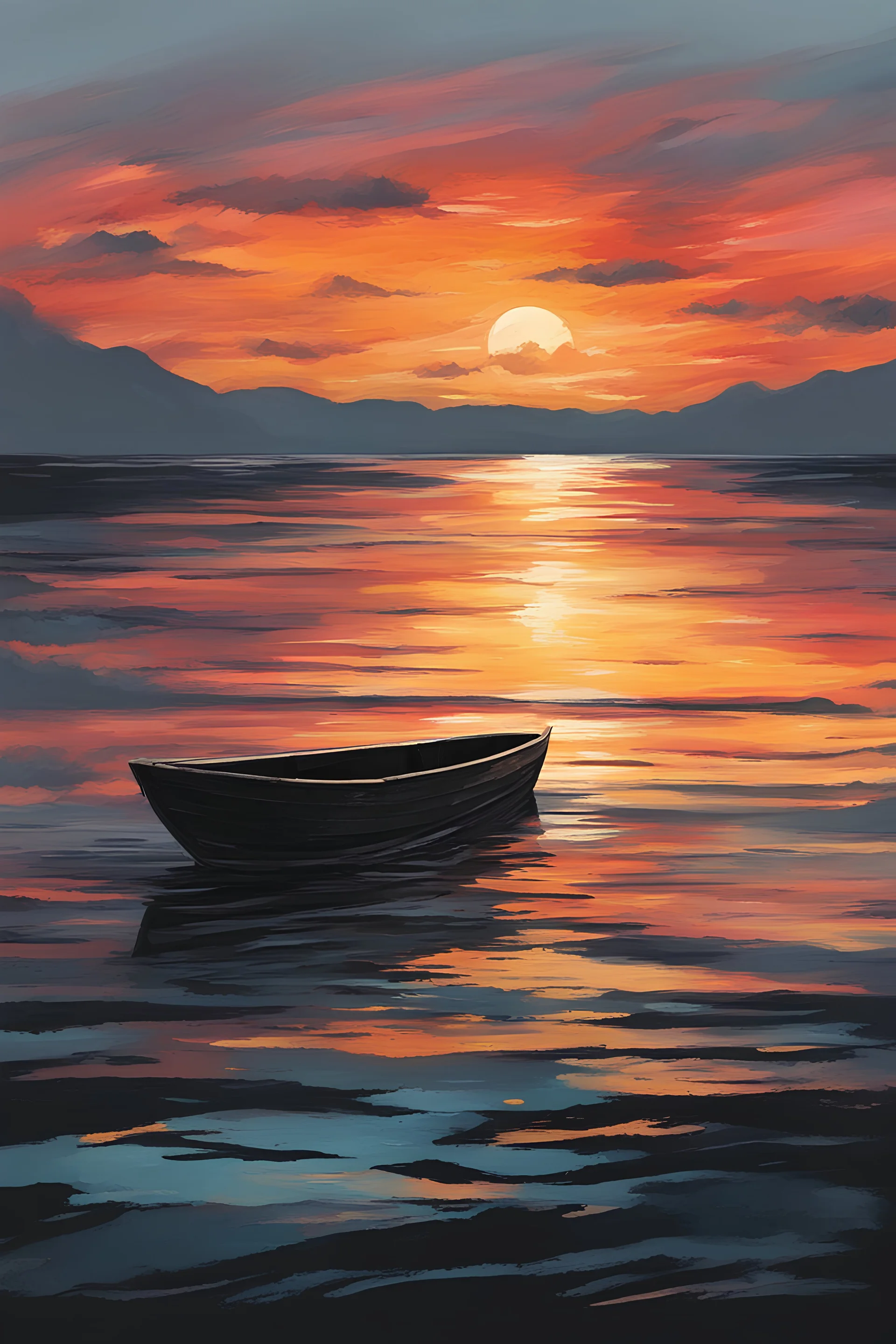 Sad Paint of Boat at the sea with sunset