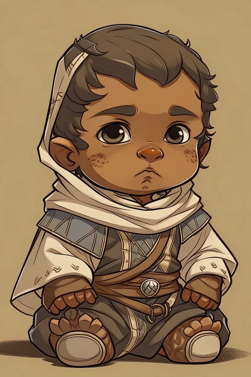 an anime style drawing of a blasian baby boy. hes wearing medieval baby clothing