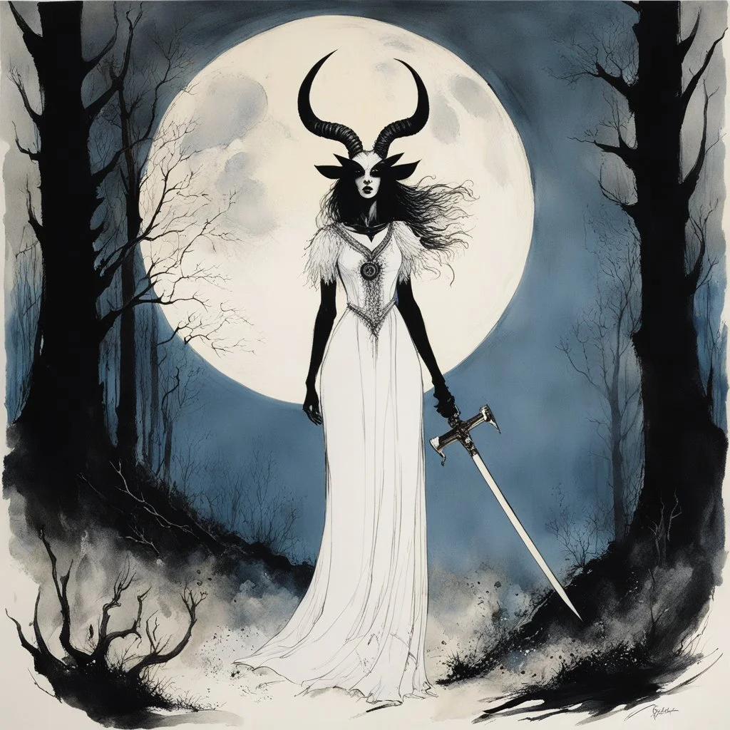 [art by Ralph Steadman] In the shadowed glade, where the moon cast an eerie glow, a figure emerged from the darkness. A demoness, with goat horns spiraling from her head, stood tall and proud. Her vestal linen dress stained with the blood of the celebration she had just made. The demoness wielded a sword, gleaming in the moonlight, a weapon of ancient power and dark intent. Her eyes, a fiery gaze that spoke of untold secrets and forbidden knowledge, surveyed the scene before her with a mix of sa