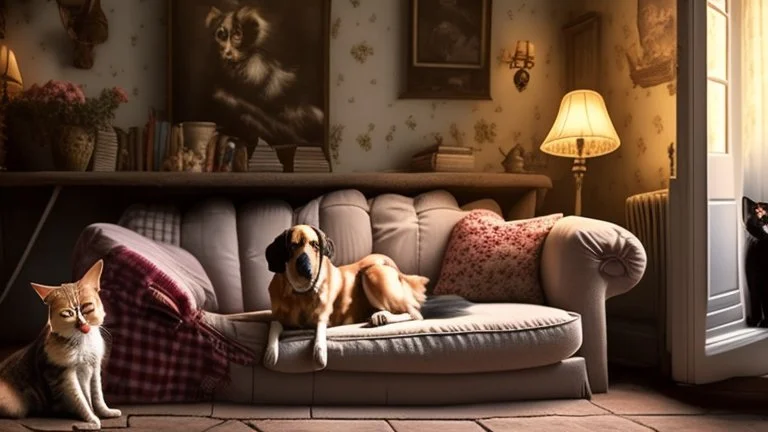 country house, romantic atmosphere + a dog and a cat resting on the sofa