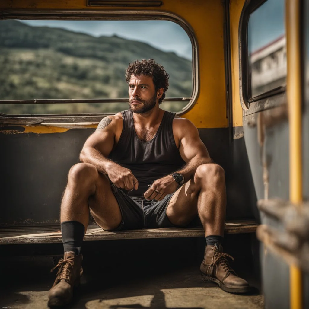 photography of a burly ugly beefy sicilian farmer 32 years old man sitting in the train, relaxing, in tank top and boxer, bulge, tattoo, broken teeth, serious, short beard, curly hairs , view from below, photorealistic, side lights, Ground-Shot Angle