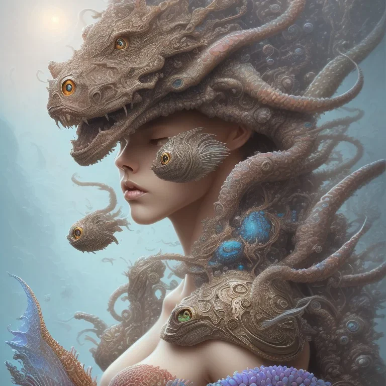 sango fantasy, fantasy magic, intricate, sharp focus, illustration, highly detailed, digital painting, concept art, matte, artgerm and paul lewin and kehinde wiley, masterpiece sexy lips African lady crab body mermaid tiger head turquoise space lady beach sea under water mermaid seaweed