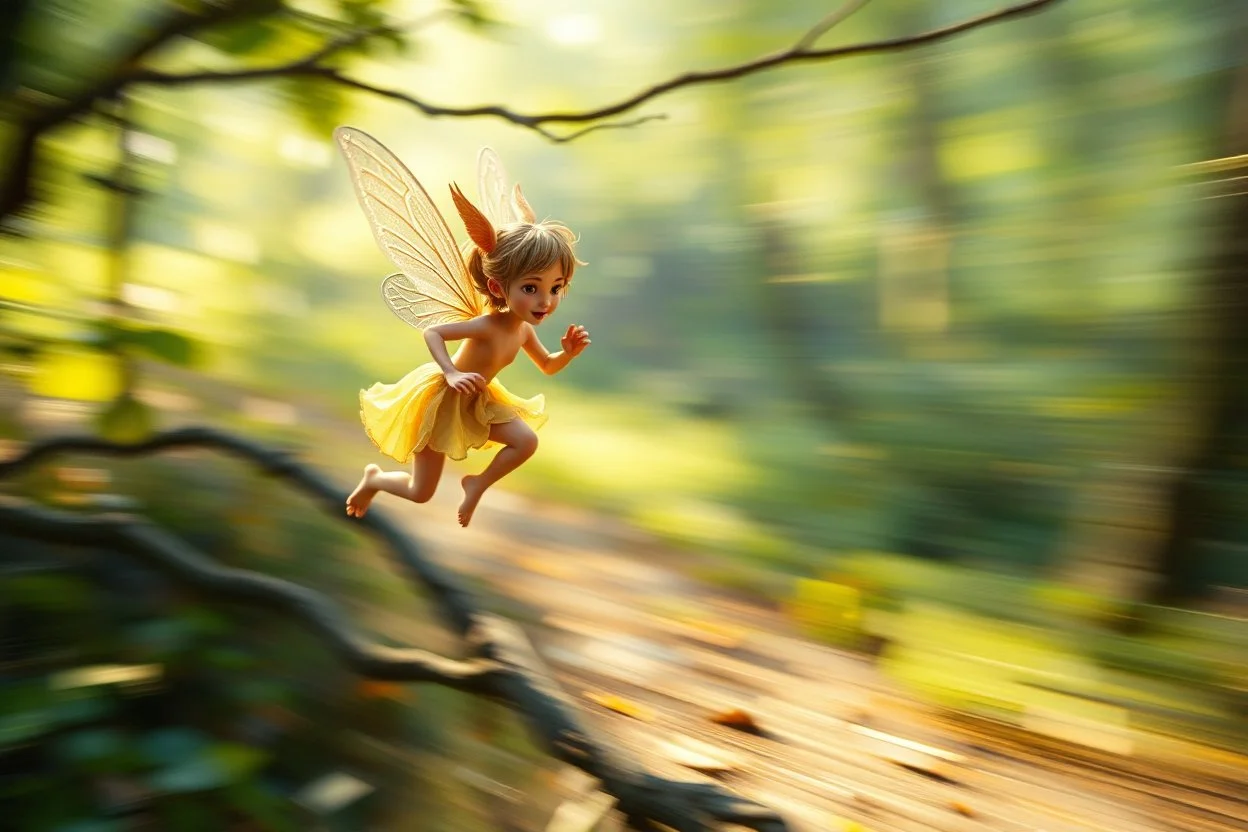 motion blur fast running pixie Quickling - Forgotten Realms along winding branches , bokeh like f/0.8, tilt-shift lens 8k, high detail, smooth render, down-light, unreal engine, prize winning