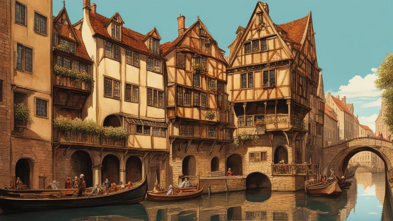 medieval buildings with balconies overhanging a canal, blue sky and people, photorealism, trees, piers, fantastical, intricate detail, people, ultra-sharp image