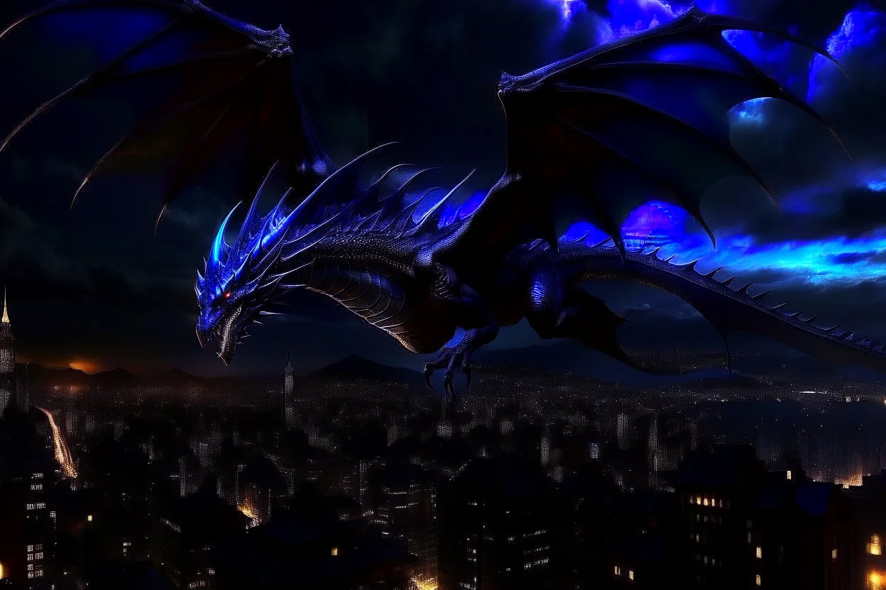 black dragon in flight city in the background at night