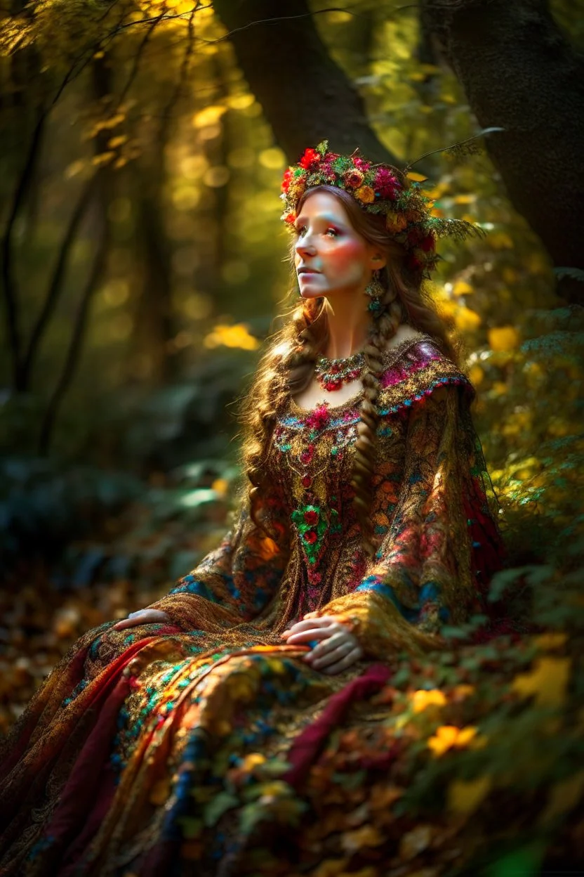 Queen Elara wears a flowing gown made of woven vines, leaves, and flowers, which seems to blend seamlessly with her forest surroundings. Her attire is a tapestry of colors, reflecting the vibrant hues of the forest during each season.shot on Hasselblad h6d-400c, zeiss prime lens, bokeh like f/0.8, tilt-shift lens 8k, high detail, smooth render, down-light, unreal engine, prize winning