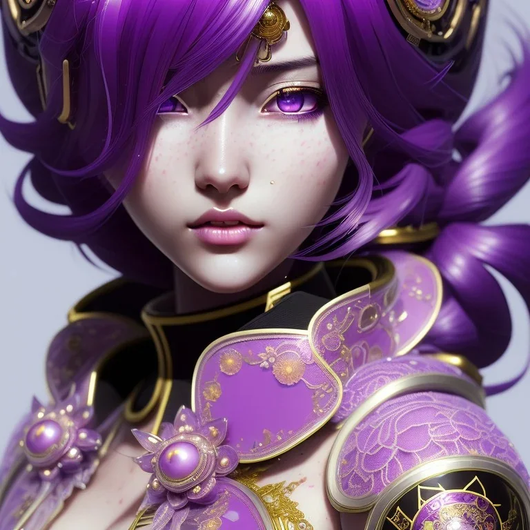 Detailed cute anime girl, purple hair buns, purple bangs, black latex bodysuit, intricate details, full body portrait, keep head in frame, slight smile, black Japanese motif, concept art, highly detailed, digital painting, concept art, sharp focus, illustration, art by Yoji Shinkawa, WLOP and greg rutkowski and alphonse mucha and artgerm and yanjun Chen and Junji ito and Makoto Shinkai, HDR, octane render