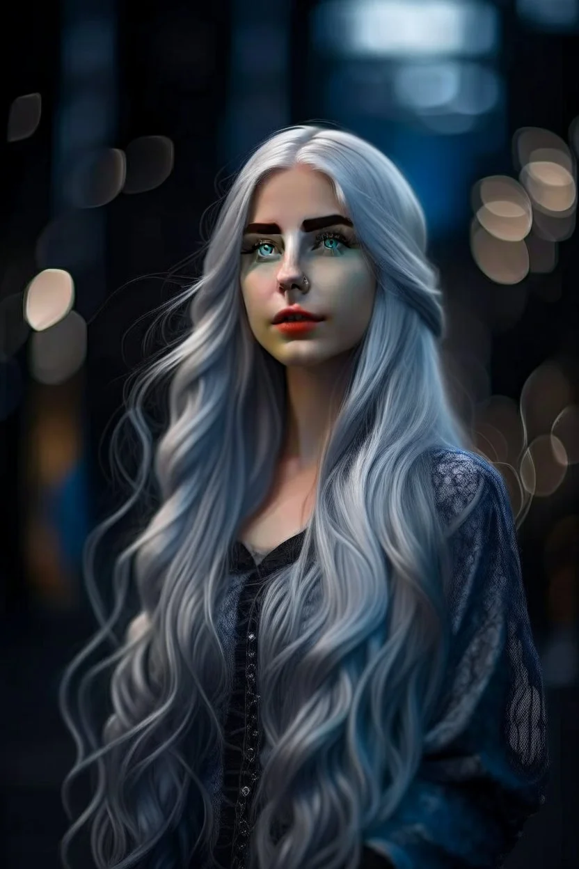 **Appearance:** Luna has pale, ethereal features with long silver hair that seems to shimmer in the moonlight. She dresses in flowing, dark-colored clothing that accentuates her mysterious aura. photo-realistic, shot on Hasselblad h6d-400c, zeiss prime lens, bokeh like f/0.8, tilt-shift lens 8k, high detail, smooth render, down-light, unreal engine 5, cinema 4d, HDR, dust effect, vivid colors, smoke