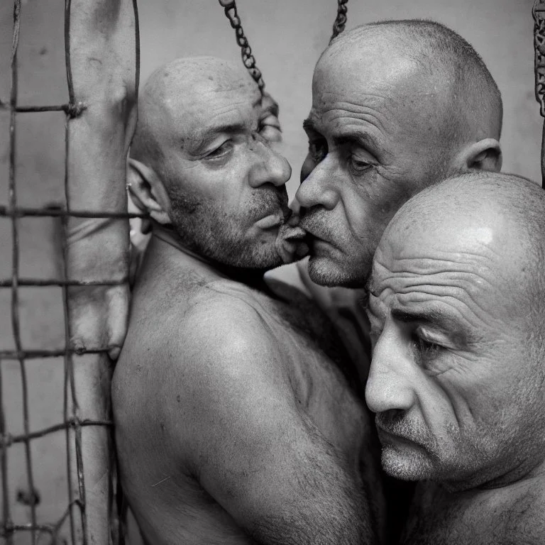 realistic, two italian prisoners 44 years old kissing in prison behind bars, dirty, ugly, bullneck, muscular chubby, in tank top, long hairs, manly chest, misery and poverty, emotive eyes, photo 50mm lens, side view, photorealistic, ultradetailed