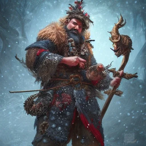 Insanely detailed photograph of an “D&D barbarian santa” with intricate detailed beard, intricate embroidered clothing, hyperdetailed painting by Ismail Inceoglu Huang Guangjian and Dan Witz CGSociety ZBrush Central fantasy art album cover art,8K, hdr, mysterious, ominous, snowflakes,jolly