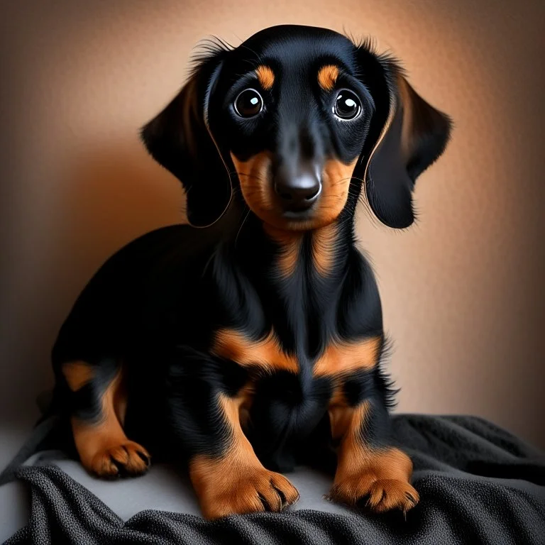 Disney style picture of a black and tan short hair dachshund puppy of 7 months.