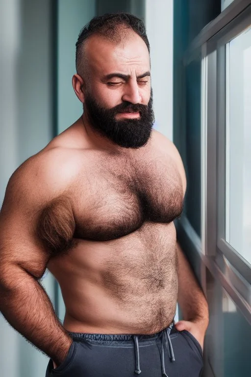 full figure shot photography of burly chubby turkish man 55 years old, at the windows , towel around the waist, bulge, hands behind the head, emotive eyes, long beard, manly chest, curly hair, sharp focus, backlit, harsh overhead sunlight, ambient occlusion , photorealistic , frontal view