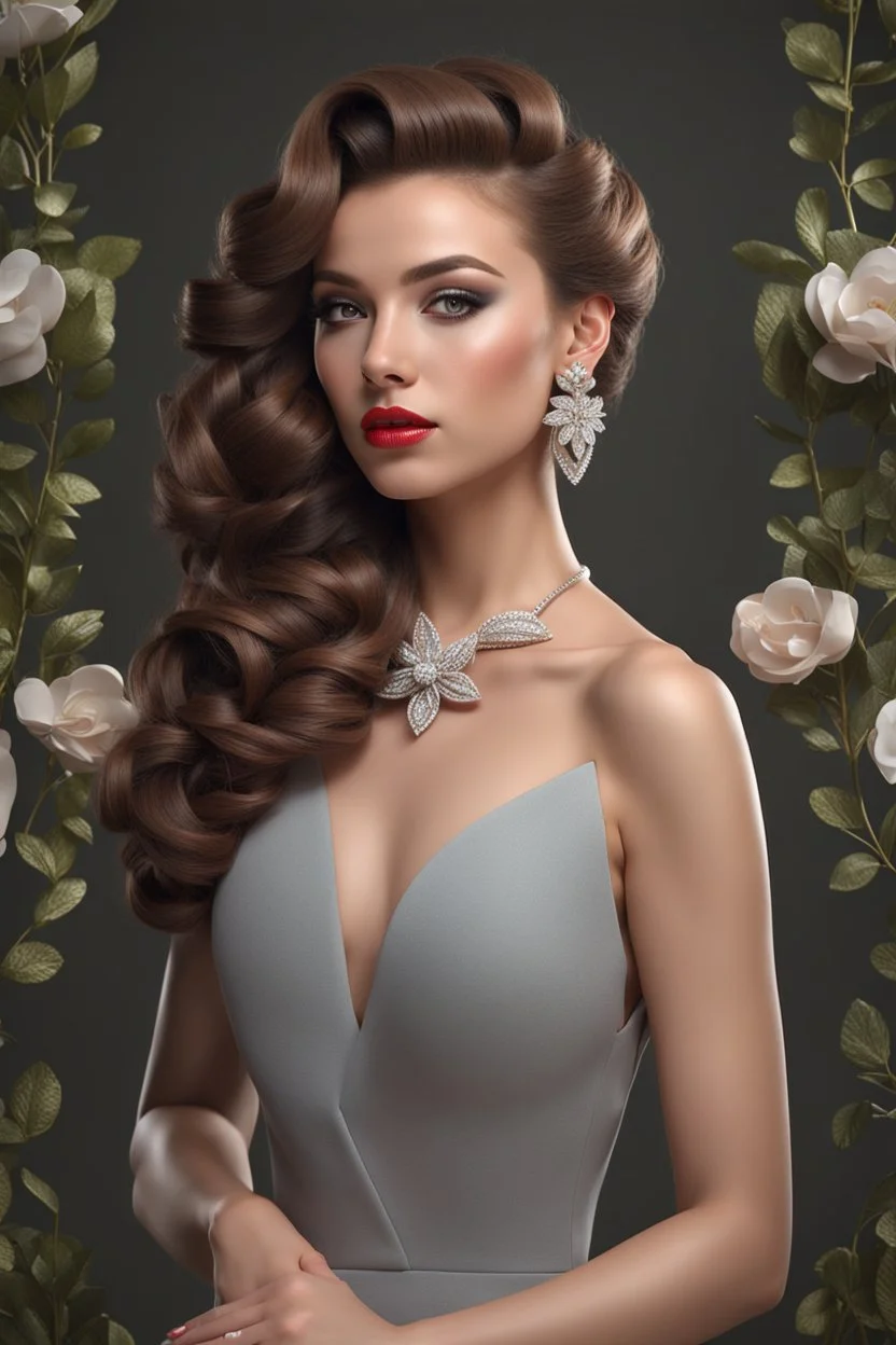 full body woman, from Russian Federation , elegant dress, elegant curled hair , 19 years old ,earring, make up,8k, Candid avant garde portrait, charming woman, wearing Lovely Flower Diamond Pendant, octane render 3d, plastic material