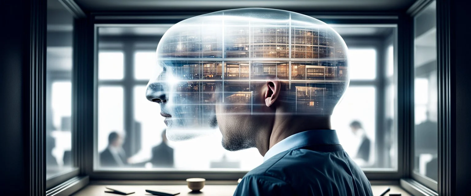 we see through a mans transparent head and there is a room inside his head with a trader in it looking out the window