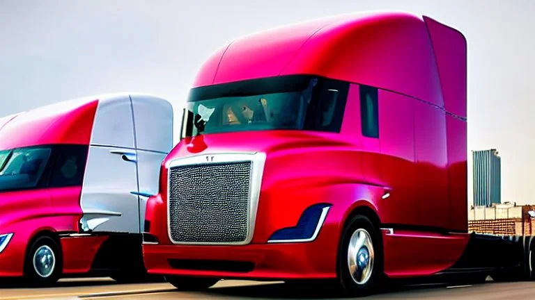 A Tesla semi-truck is racing at top speed, across the 'French Quarter' in New Orleans, Louisiana. CINEMATIC. WIDE ANGLE LENS.