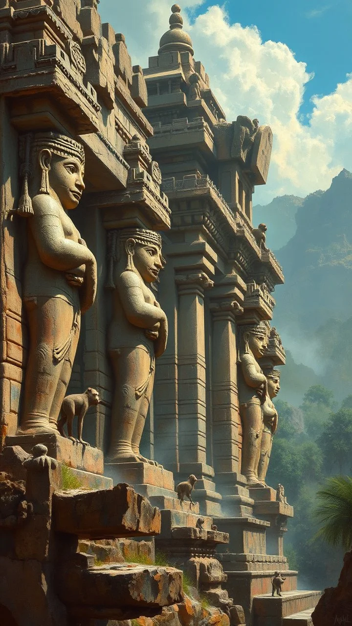 An old temple with big ancient statues in India with monkeys here and there climbing , Busch painting style nightmare