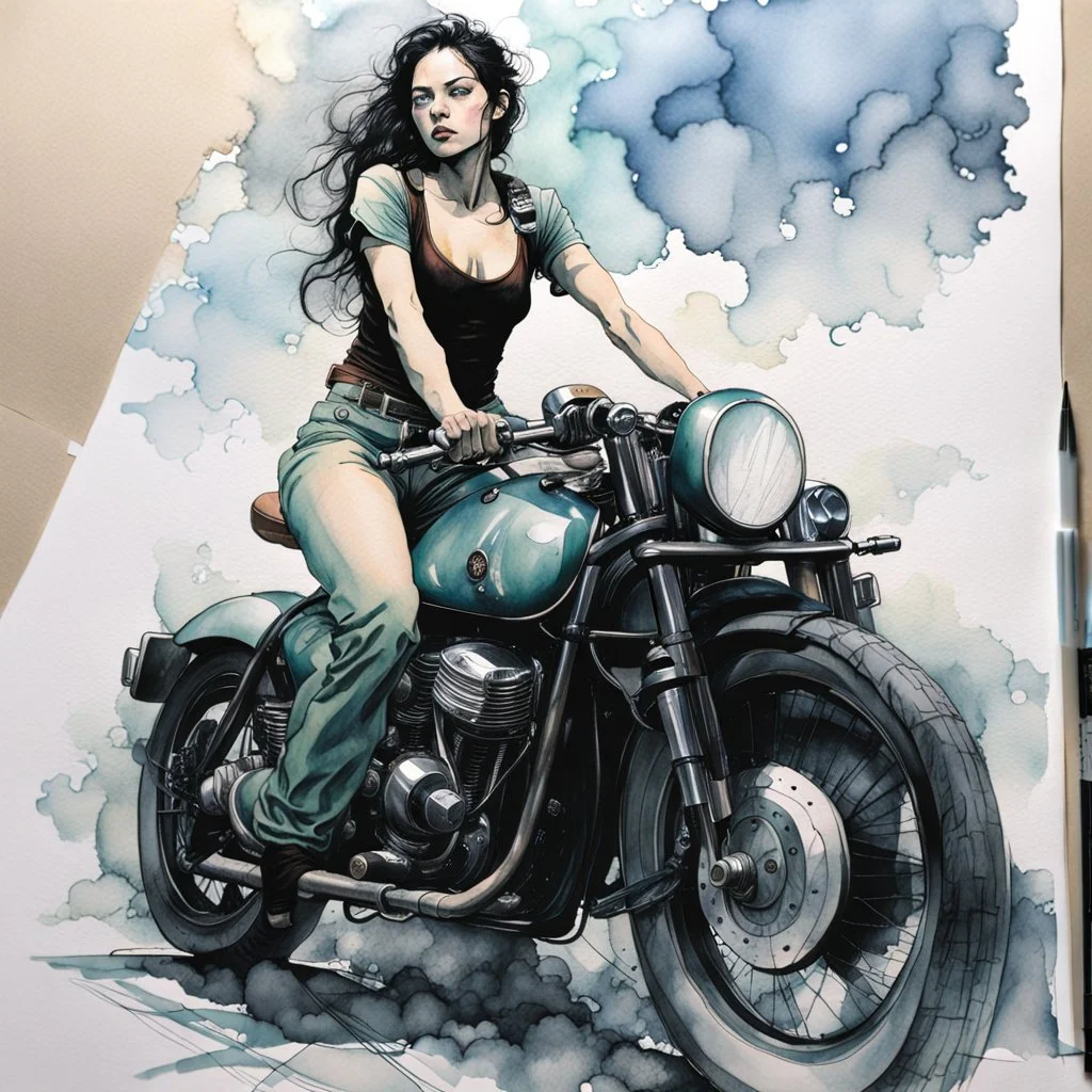 create a highly ethereal, darkly magical full body ink wash and watercolor illustration of a dark haired girl on her motorcycle, with highly detailed and deeply cut facial features, in the style of KATHE KOLLWITZ combined with the comic art style of BILL SIENKIEWICZ and JEAN GIRAUD MOEBIUS, searing lines and forceful strokes, precisely drawn, inked, with vibrant colors in dramatic natural light and shadow