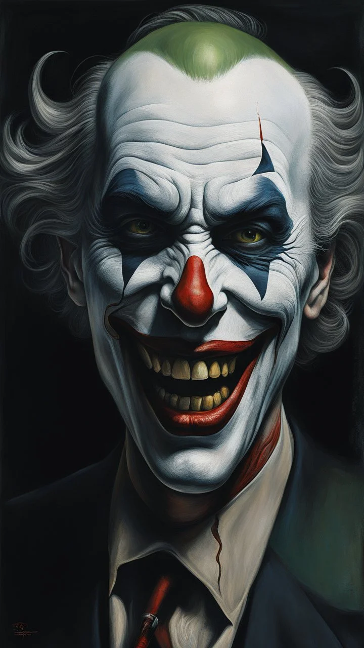 Bosch nightmares paining style Title: a joker face with cigarette in his mouth, smiling 8k,photography, photorealistic concept art, soft natural volumetric cinematic perfect light, chiaroscuro, award-winning photograph, masterpiece, oil on canvas, Raphael, Caravaggio, Greg Rutkowski, people, beksinski, Giger