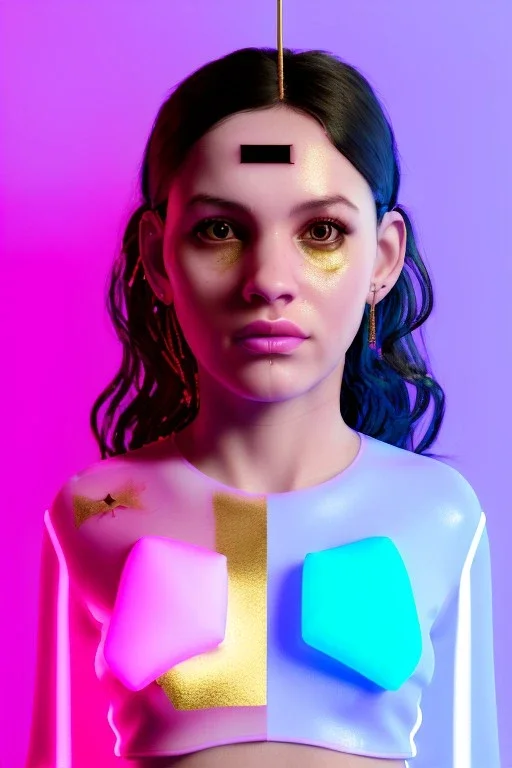 Ultra Realistic image, Rosalía artist, 40 years old, portrait, normal complexion, natural small busty, traditional little tattoo, two bows, little chopsticks hair ,black eye long liner, latex t-shirt and inflatable coat, gold pink and blue style, spray line glow make up, geometric led jewelry, fog, hot, inflatable style latex coat, vibrant color, highly detailed, art stations, concept art, smooth, unreal engine 5, god rays, ray tracing, RTX, lumen lighting, ultra detail, volumetric lighting.