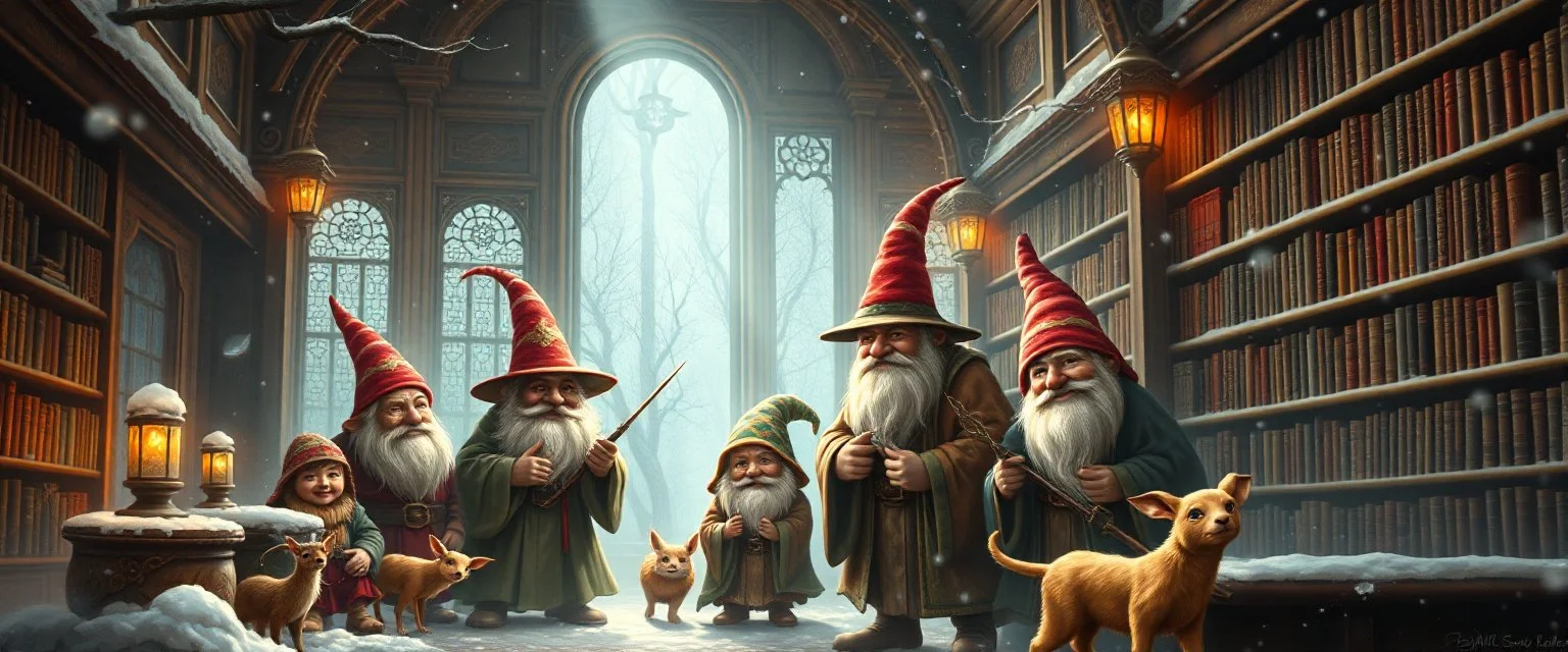 Dynasty family in winter glow, master oil painting by Rembrandt, magia spy gnomes soap opera poster, huge multi level archeive, library, woodland creatures, motion blur, background mist, light beam from windows