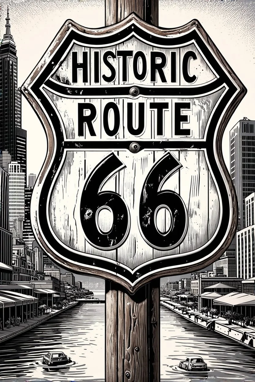 A detailed black and white illustration depicts a vintage wooden Historic Route 66 sign in the foreground, angled towards the left. The sign's design features a distressed brown frame with a white shield in the center, boldly displaying "HISTORIC ROUTE" in black text above large, stylized "66" numbers. The background showcases a bustling city skyline with numerous tall buildings, including the prominent Willis Tower, all rendered in shades of grey and white. A river flows through the scene, refl
