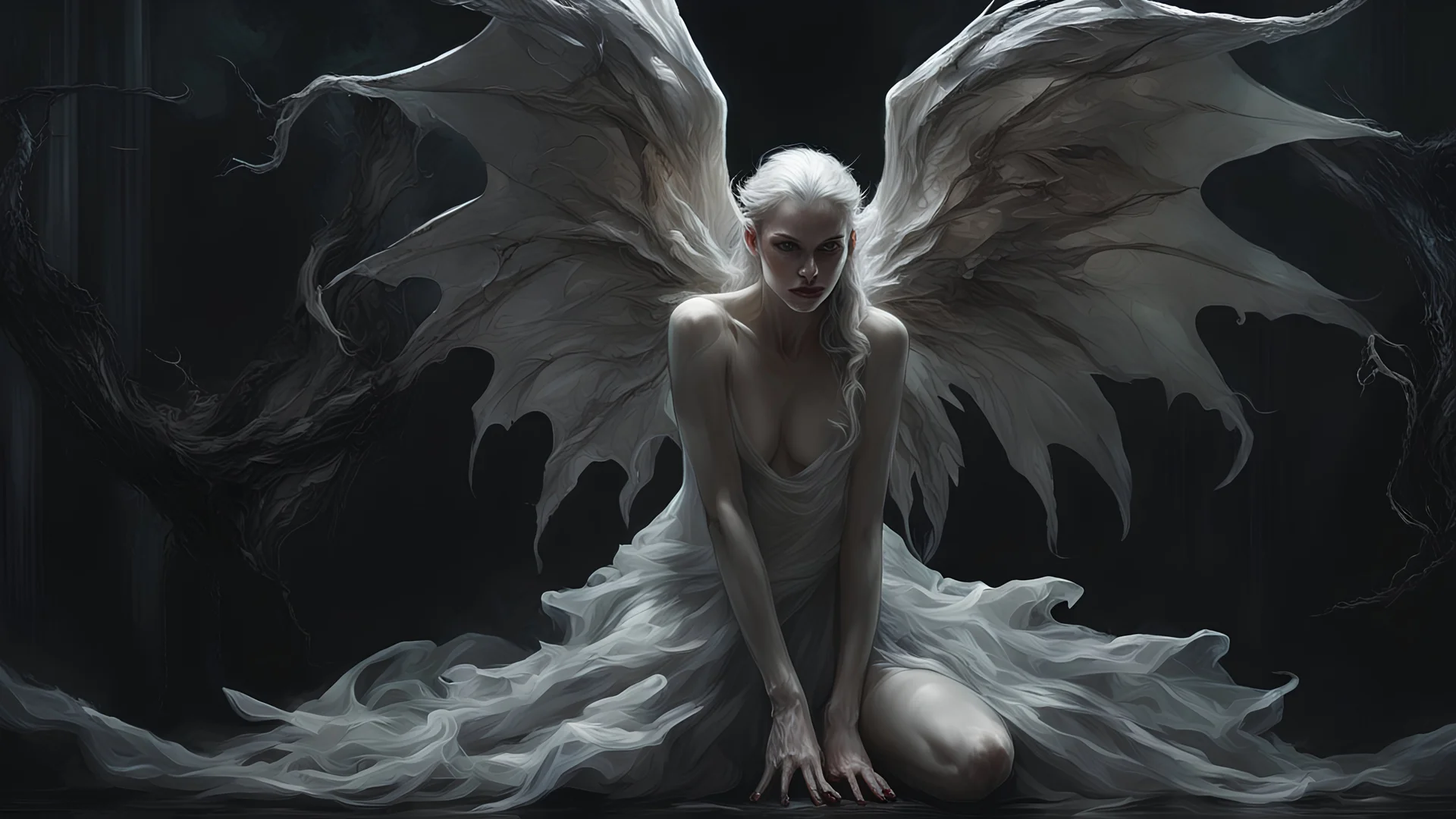 Demonic Elves with Wings,, Full Body Shot, Hyperrealistic, Photorealistic, Instant Details, darkness, by Raymond Swanland & Alyssa Monks & Anna Razumovskaya