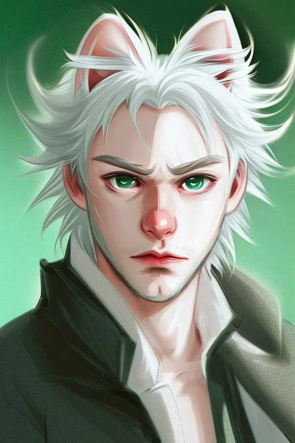 A young adult man with messy white hair and white cat ears, green eyes