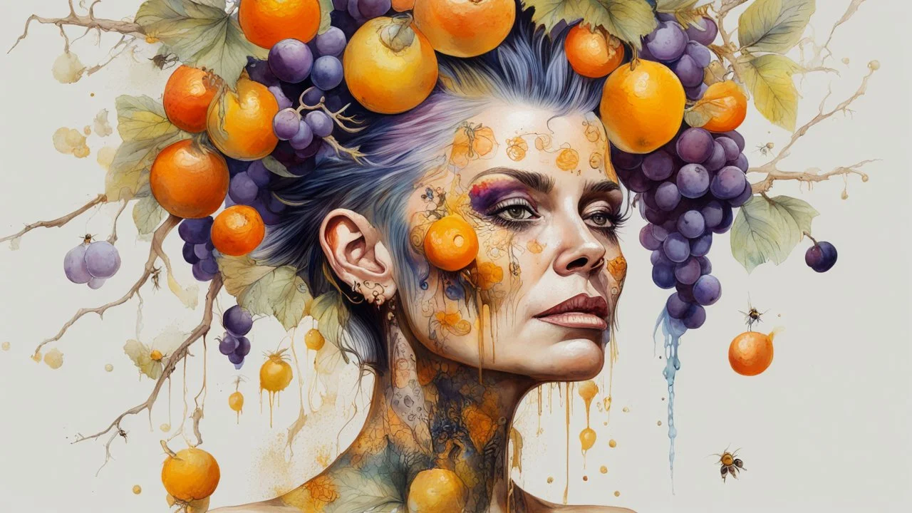 Punk woman 49 years old, hair made of Fruits, Grapes, tangerines, gold, gouache, watercolor, acrylic, paint drips, branches, fine drawing, golden makeup, bees, tattoo, alien, bright colors, fine drawing, double exposure, high detail , high resolution, 8K, 3D, bees,