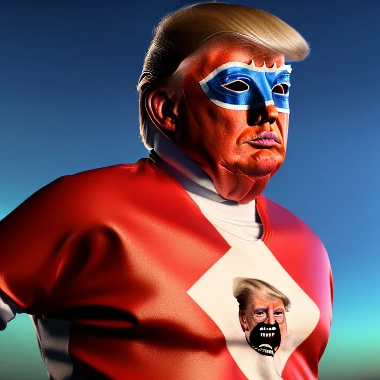 realistic image of donald trump as a mexican wrestling fighter posing, Mexican eyes wrestling mask, red blue, retro style, 80s, vibrant color, highly detailed, sky background, concept art, unreal engine 5, god rays, ray tracing, RTX, lumen lighting, ultra detail, volumetric lighting, 3d, finely drawn, high definition, high resolution.