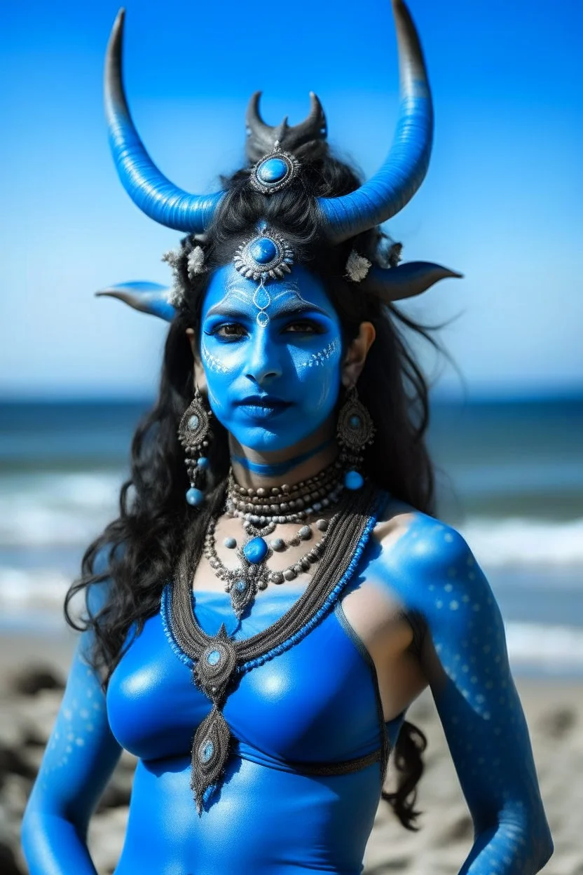 A photo of a blue skin Hindu goddess with painted blue face and body skin, wavy black hair deer antlers standing on a sunny beach