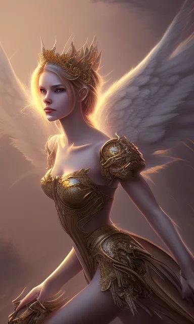 Female angel with beautiful perfect face big wings and golden crown floating above the ground in the dark enviroment, anatomically correct, michelangelo style, detailed, world of warcraft style, dark forest, trees, painting, brush strokes, 8k, dark forest in the background