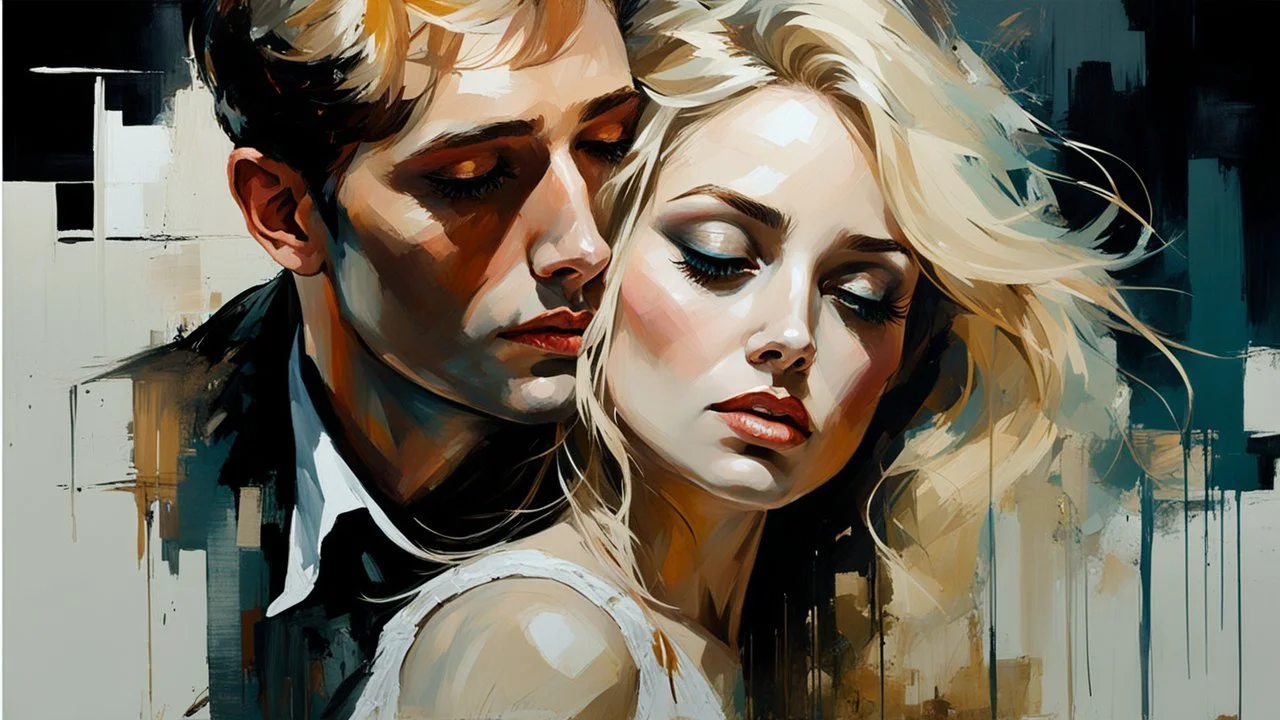 Blonde Pale Very Thin Scandinavian Woman 30yo, Big Eyes, Long Eyelashes And Eye Shadow, on steve Roger's lap kissing :: by Robert McGinnis + Jeremy Mann + Carne Griffiths + Leonid Afremov, black canvas, clear outlining, detailed