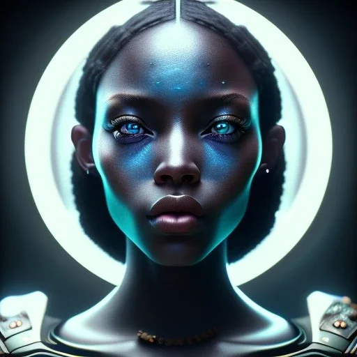 a black woman with one blue crystal eye, steam punk, realistic, made in octane, cinematic, ultra-realistic, extremely detailed octane rendering, 8K, VRAY Super Real ar 2:3, dof photorealistic futuristic 50mm lens hard lighting dark gray tintype photograph, realistic lighting